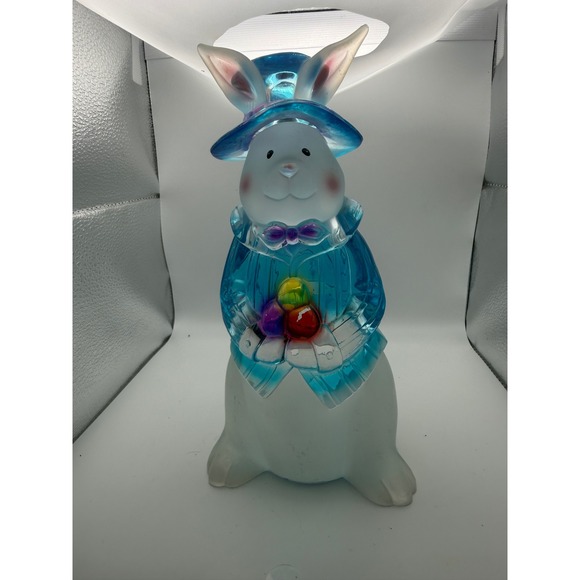 Other - Frosted Glass Easter Bunny Figurine Blue Hat Jacket Colorful Eggs Spring Decor